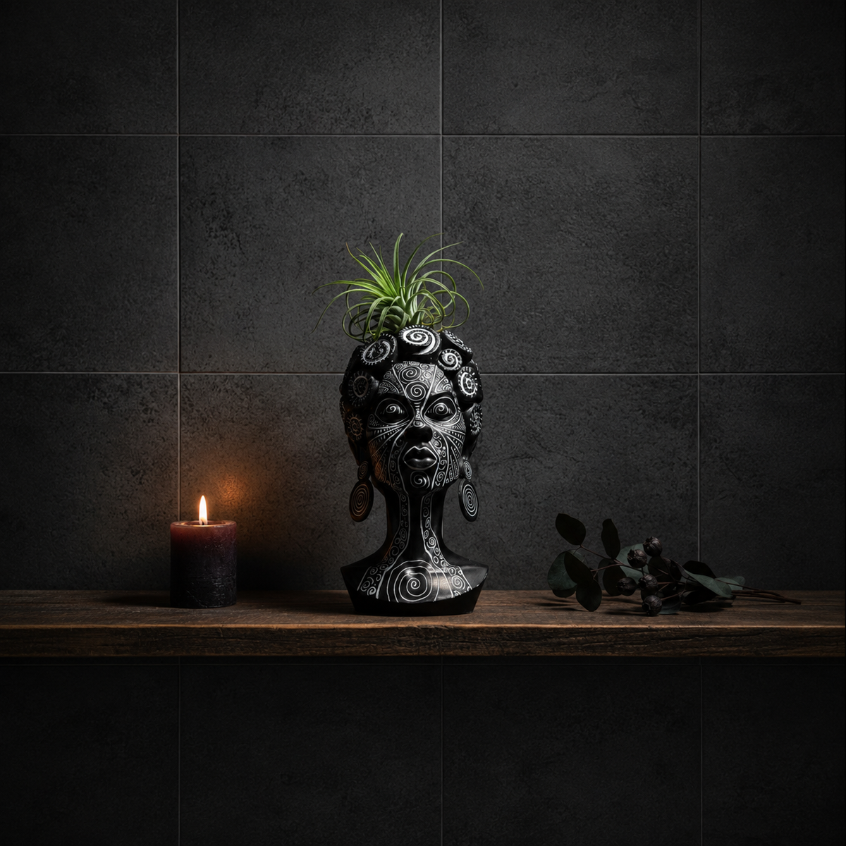 Spiral face plant pot bathroom shelf styling