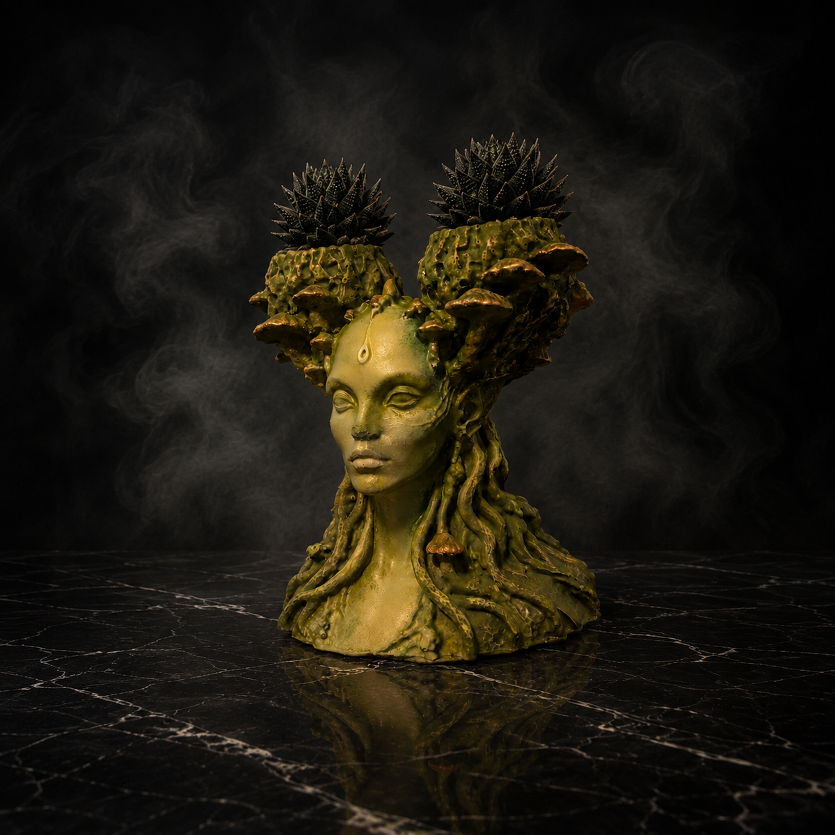 Side view of Mycelia cast stone fungal faerie planter