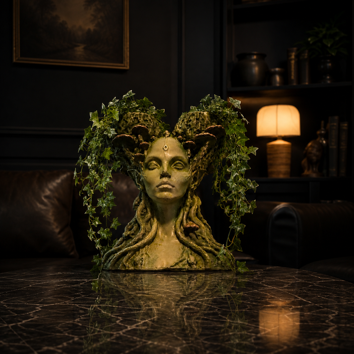 Mycelia gothic face plant pot styled with trailing greenery