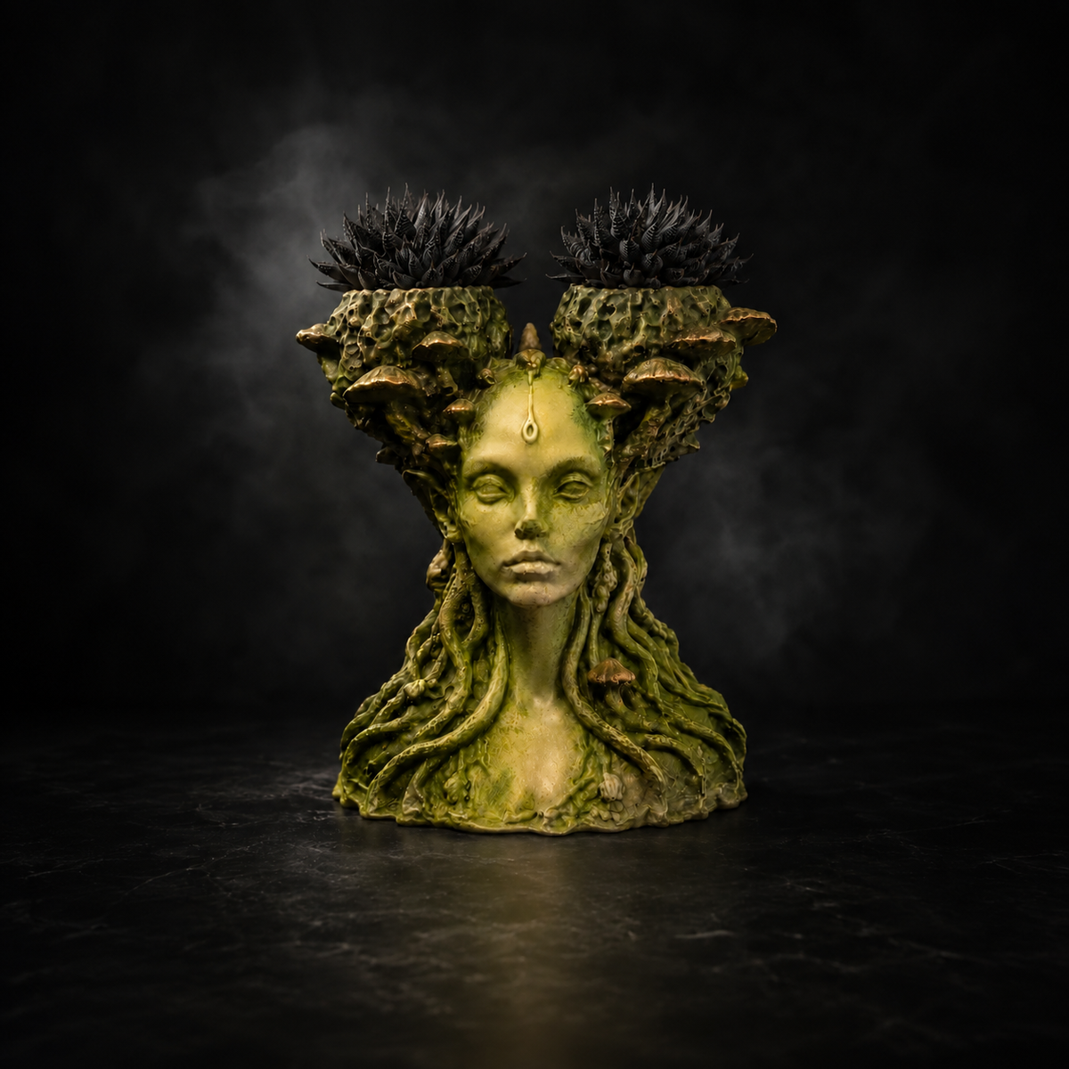 Mycelia Fungal Faerie Queen cast stone mushroom head planter front view