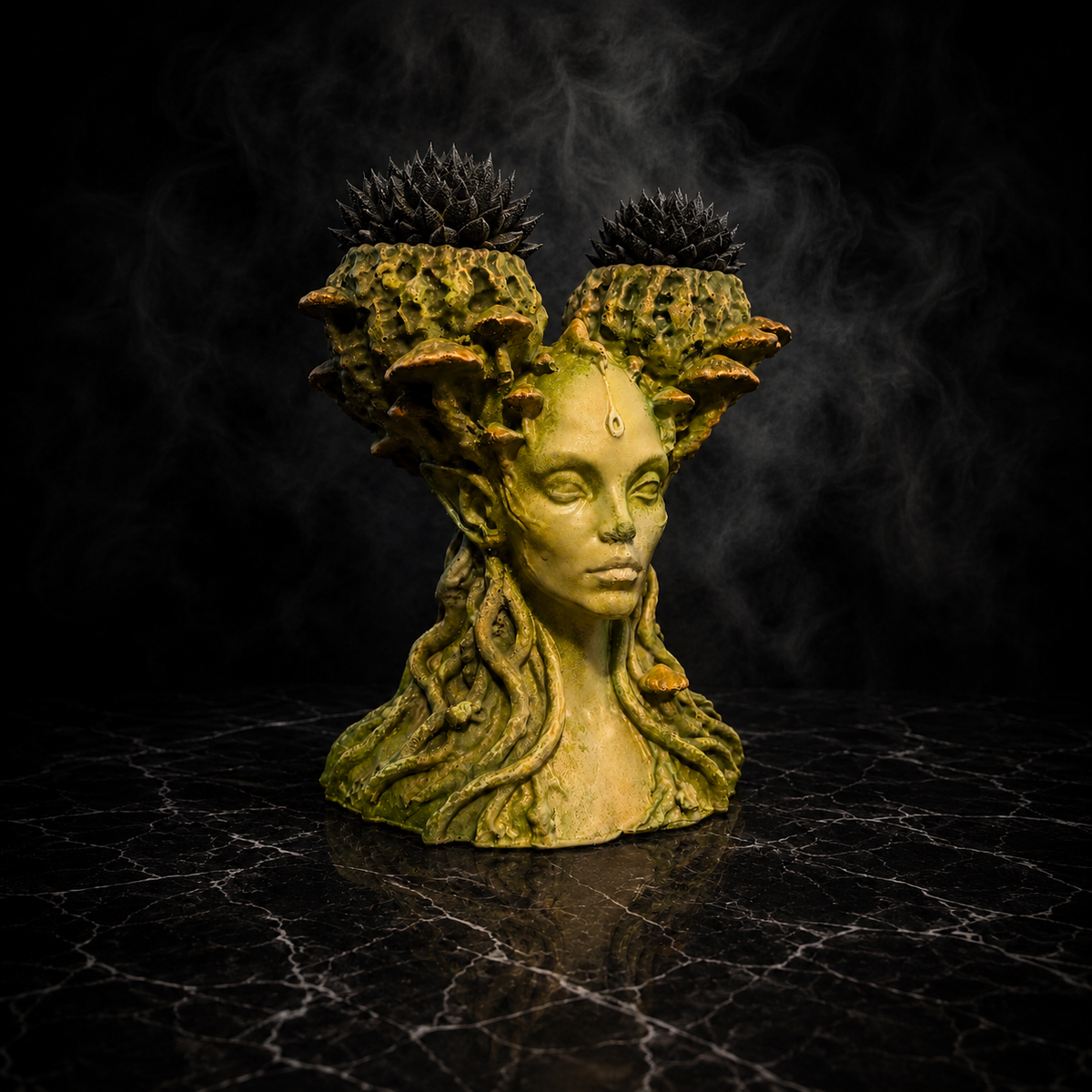 Mycelia mushroom face planter three quarter view with sculpted faerie face
