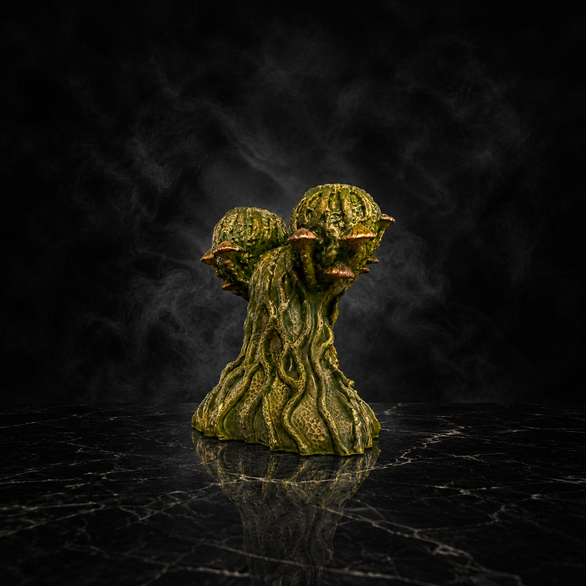 Back view of Mycelia cast stone mushroom head planter with root-like detail