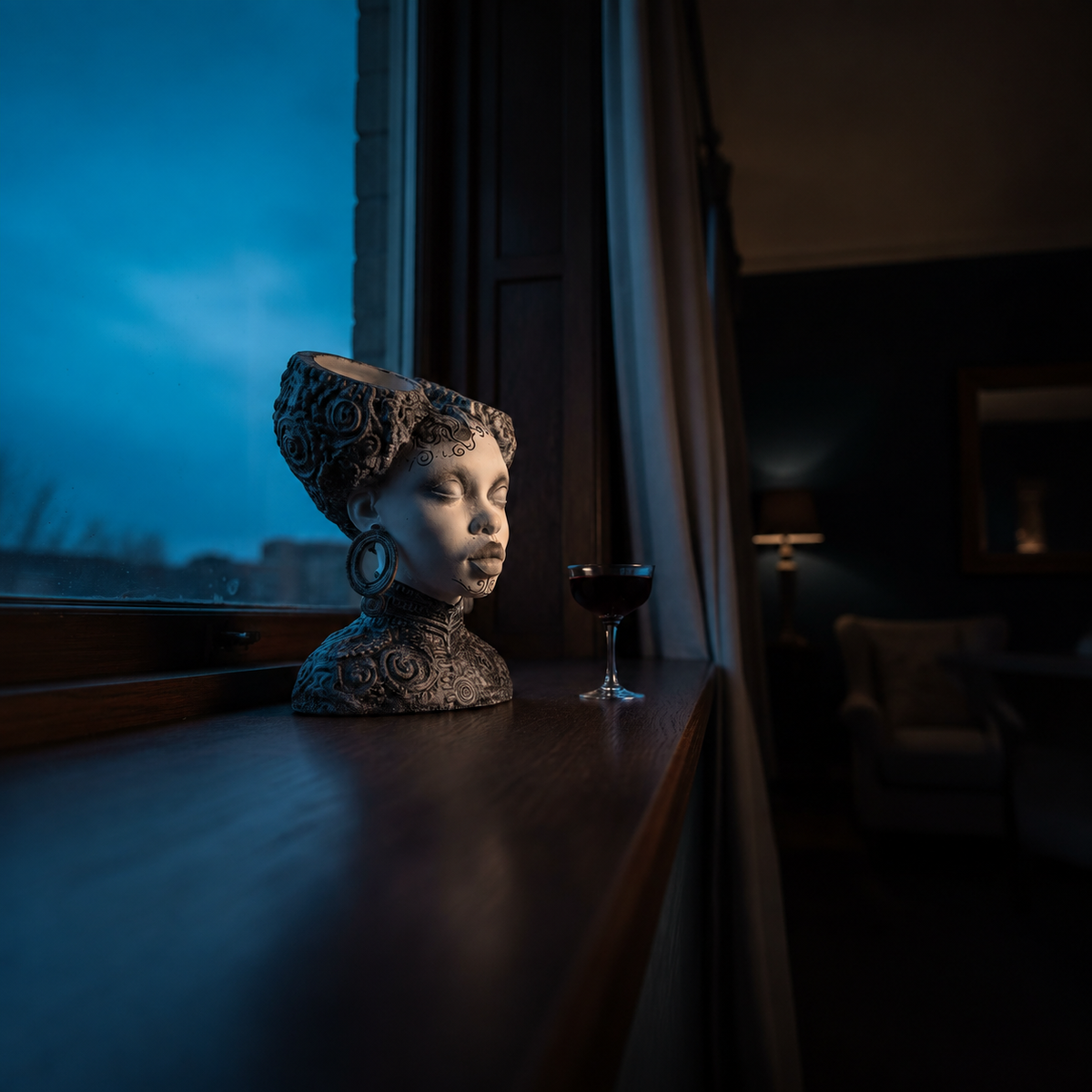 Necronomia head planter on a blue-lit windowsill beside a dark drink