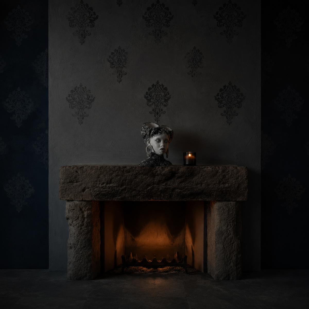 Necronomia head planter on a stone mantel above a fire beside a candle