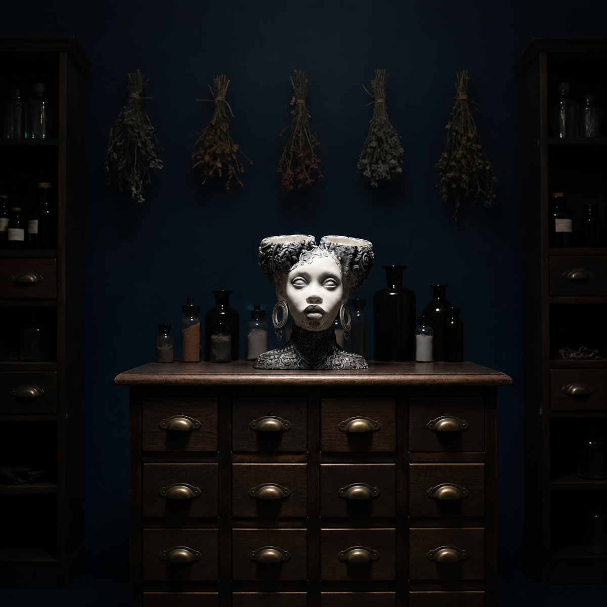 Necronomia head planter displayed on an apothecary chest with bottles and dried herbs
