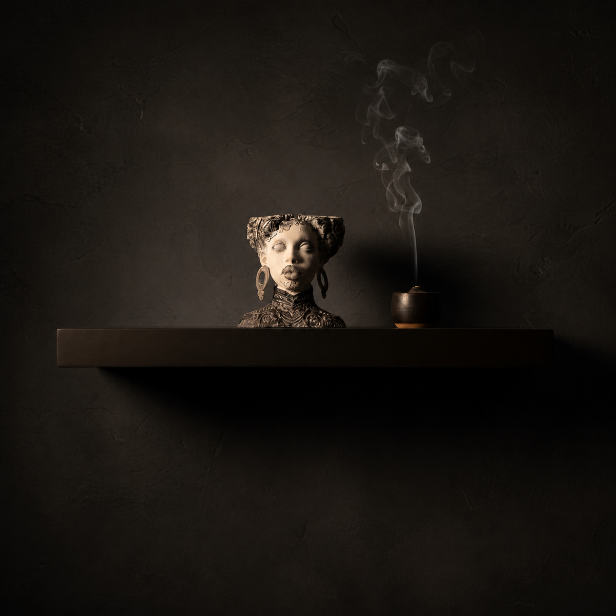 Necronomia head planter on a floating shelf beside incense smoke