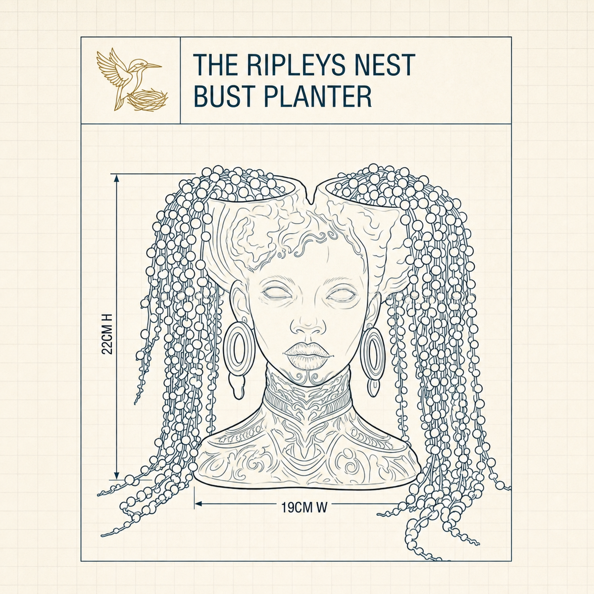 Necronomia head planter drawing showing 22 cm height and 19 cm width