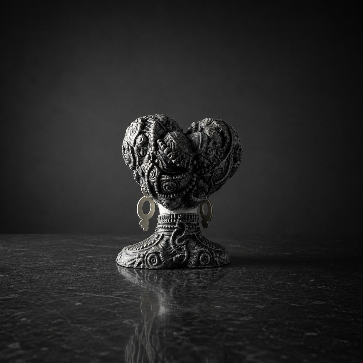 Back view showing the ornate baroque hair and twin bowls of the head planter