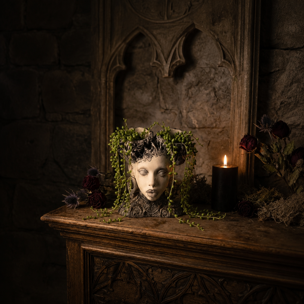 Gothic head planter with trailing plants on a dark mantel beside a candle