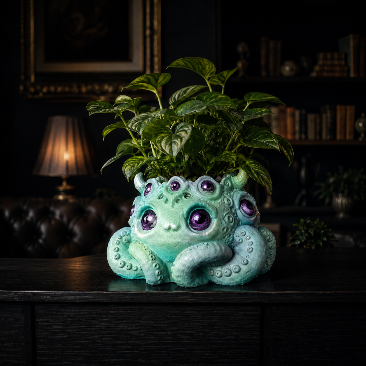Noodle tentacle plant pot in a dark home decor setting with houseplant