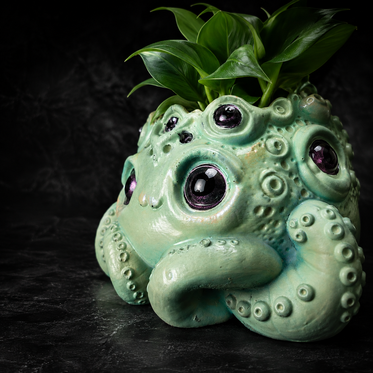 Close-up of Noodle many eyed tentacle planter with purple eye detail