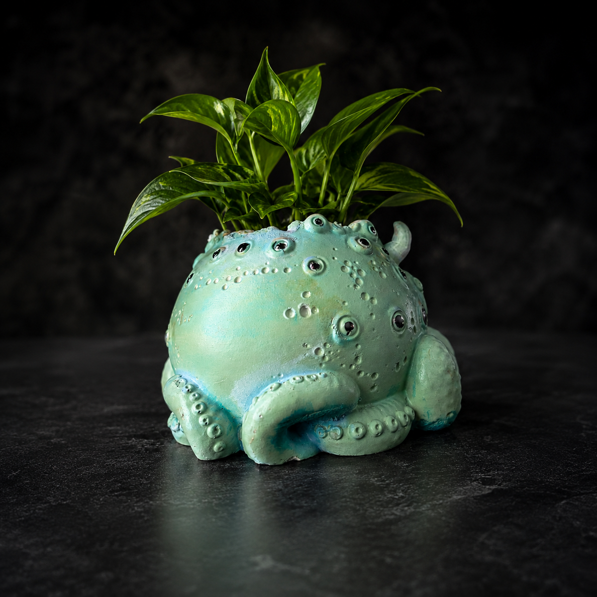 Back view of Noodle cast stone tentacle plant pot with raised eye detail