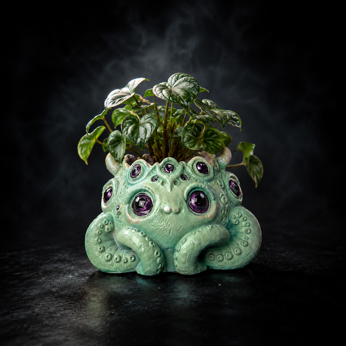Noodle Keeper of the Houseplants cast stone many eyed tentacle plant pot with green houseplant