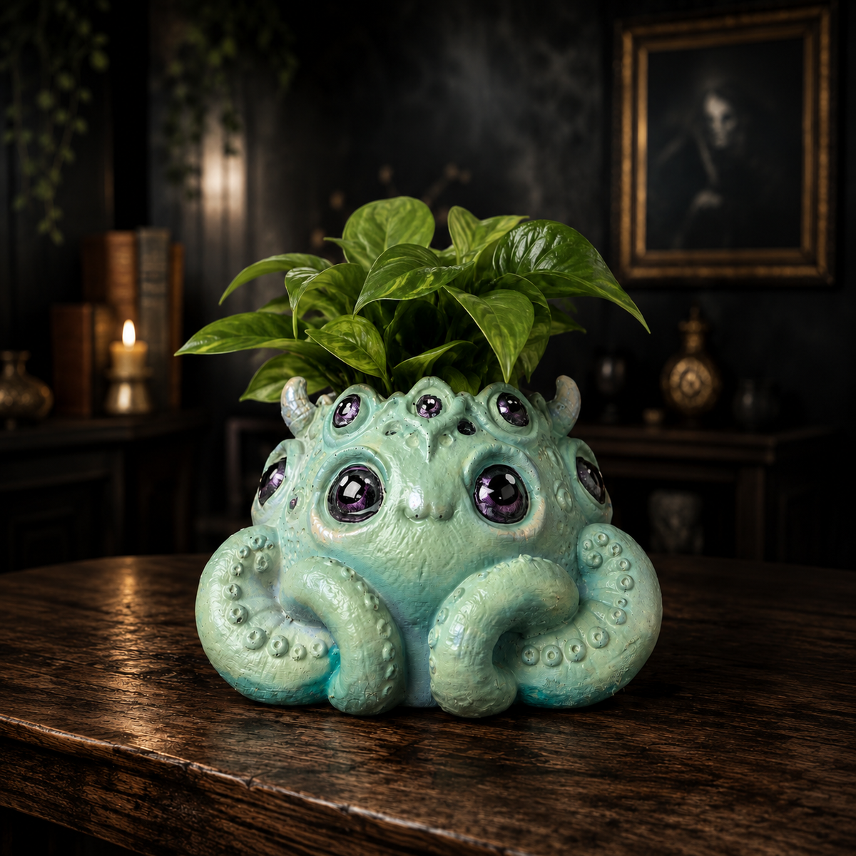 Noodle cosmic horror plant pot styled indoors with a green houseplant