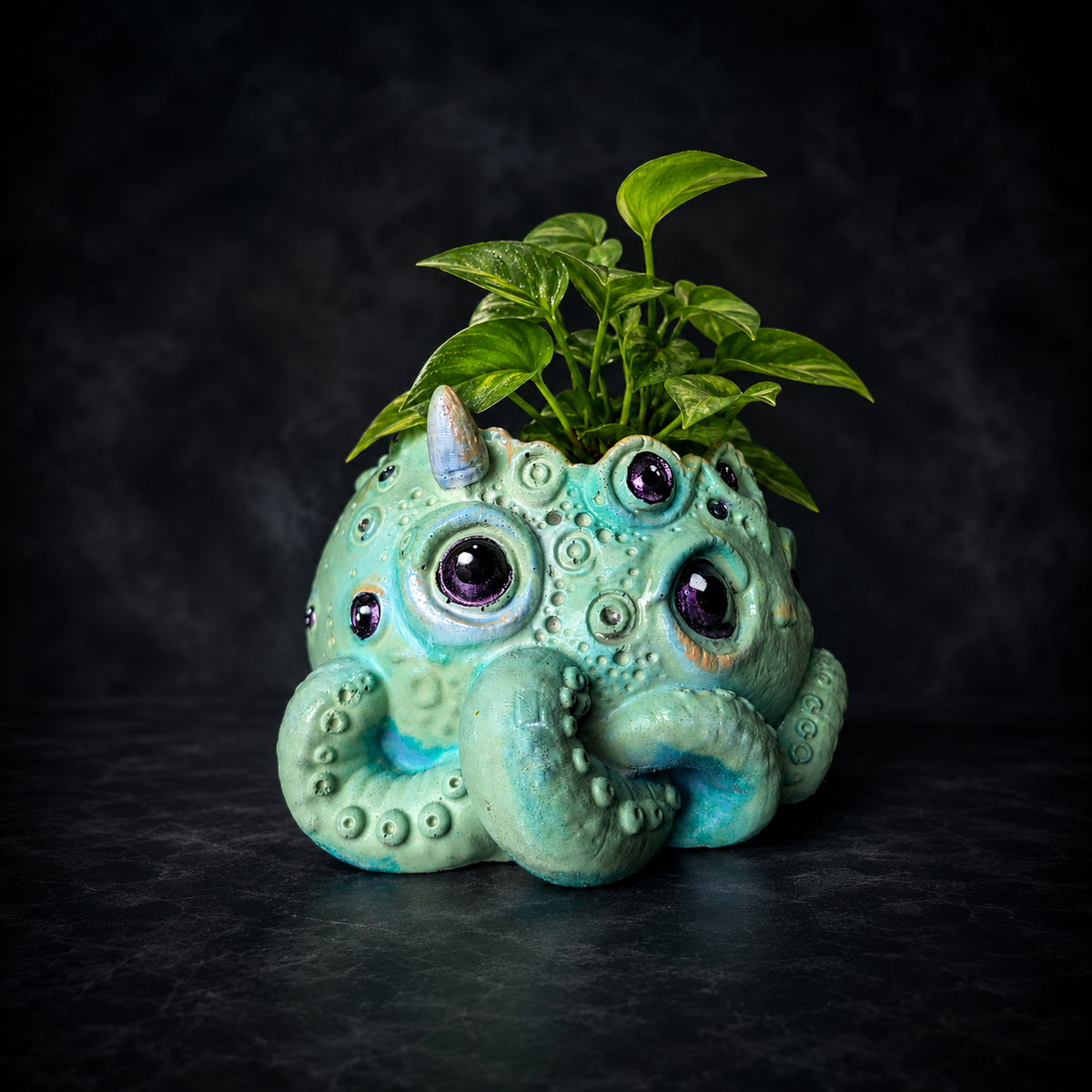 Side angle of Noodle many eyed monster planter with curled tentacles