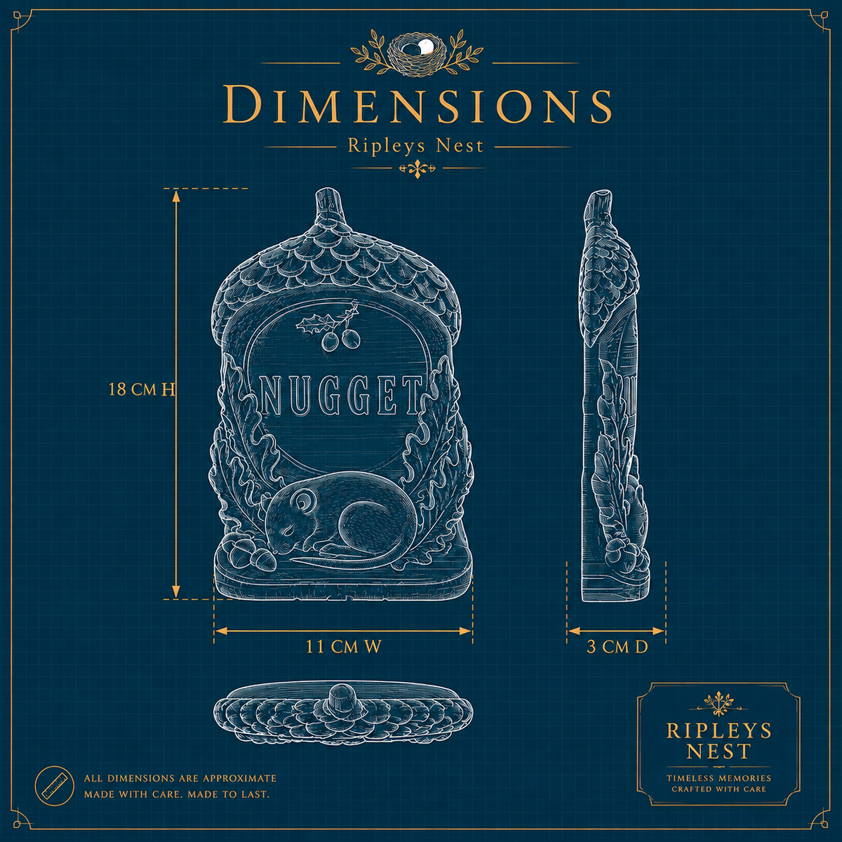 Dimensions diagram for personalised acorn grave marker showing 18 cm high, 11 cm wide and 3 cm deep