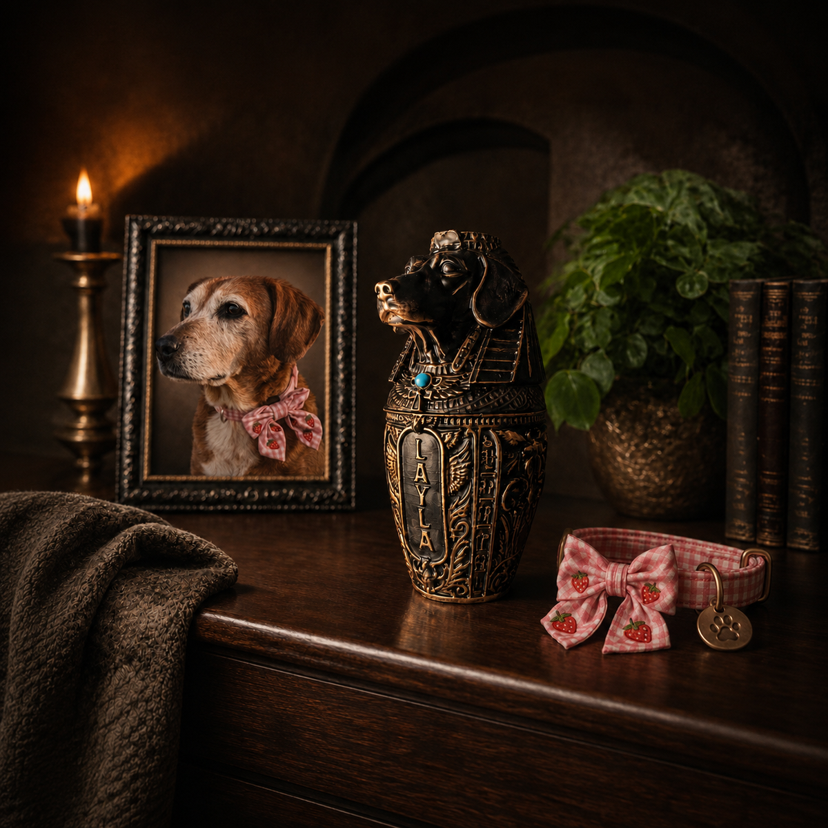 Personalised pet memorial urn styled with framed dog photo and collar