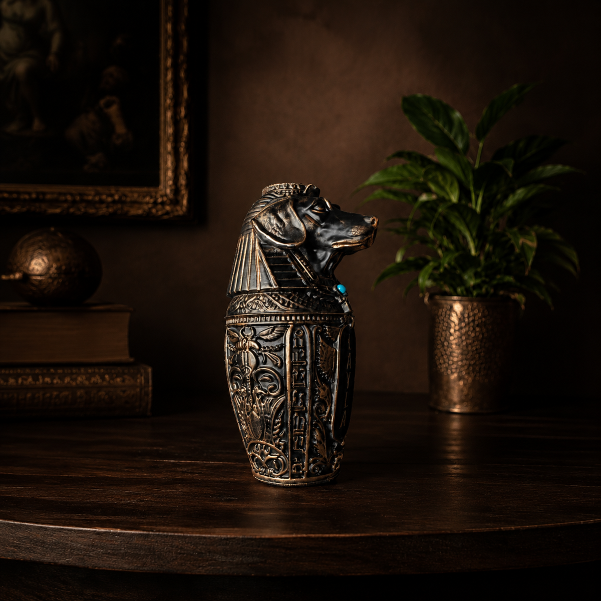 Side view of dog shaped canopic jar pet urn in black and gold cast stone