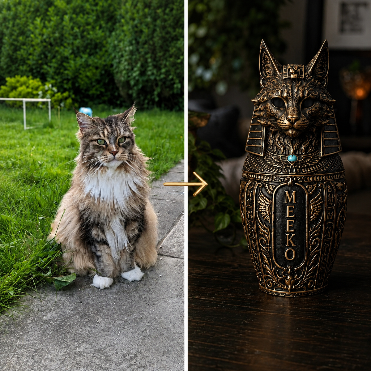 Cat photo to cast stone canopic urn example with personalised name