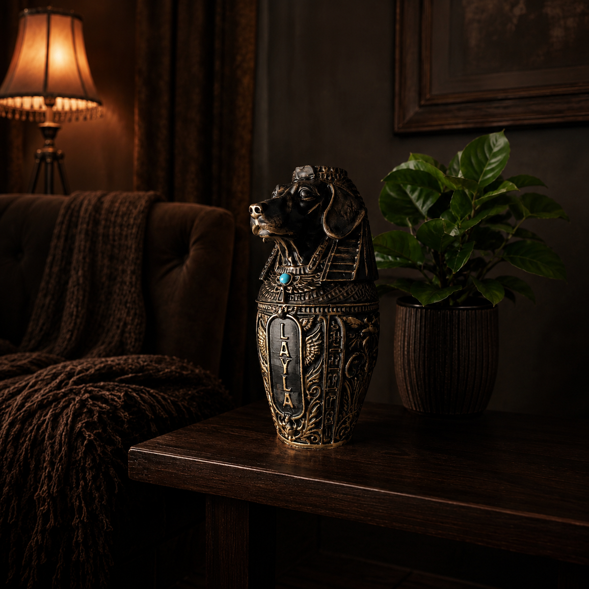 Personalised stone pet urn styled on a dark side table