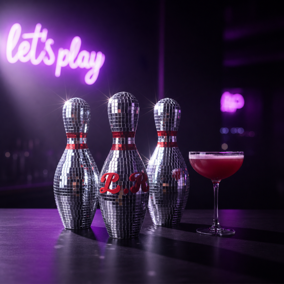 Mirror bowling set bar display with cocktail