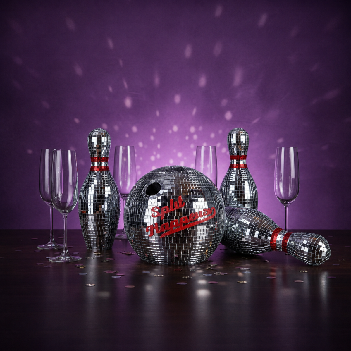 Mirror bowling set party table with champagne