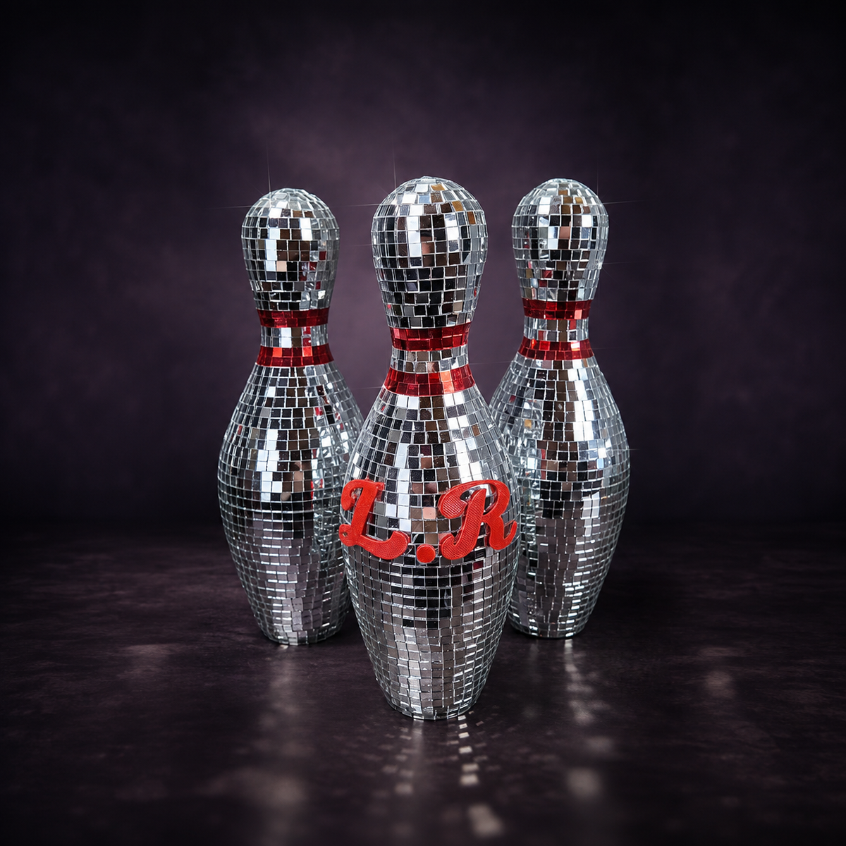 Disco mirror bowling pins trio