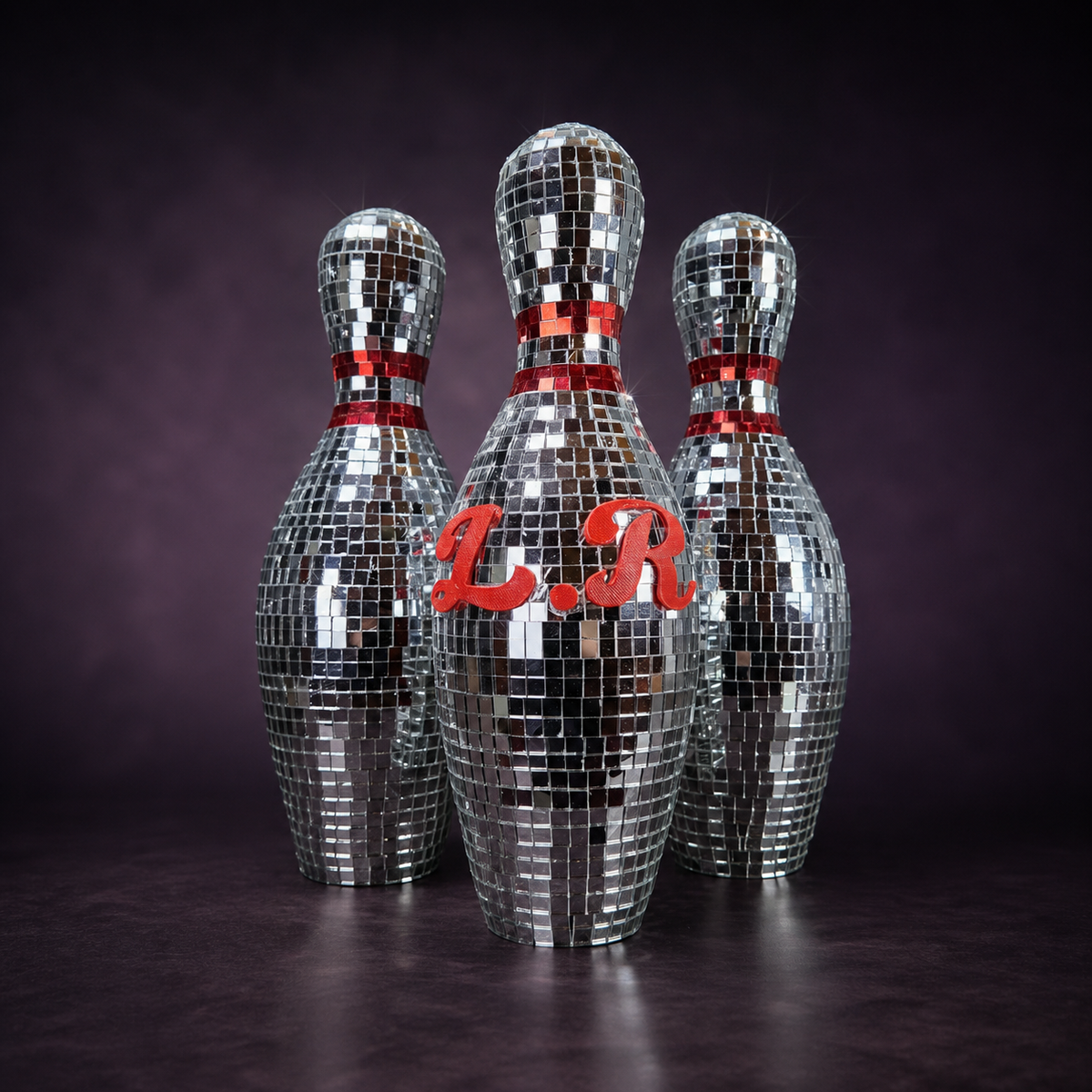 Disco mirror bowling pins detail closeup