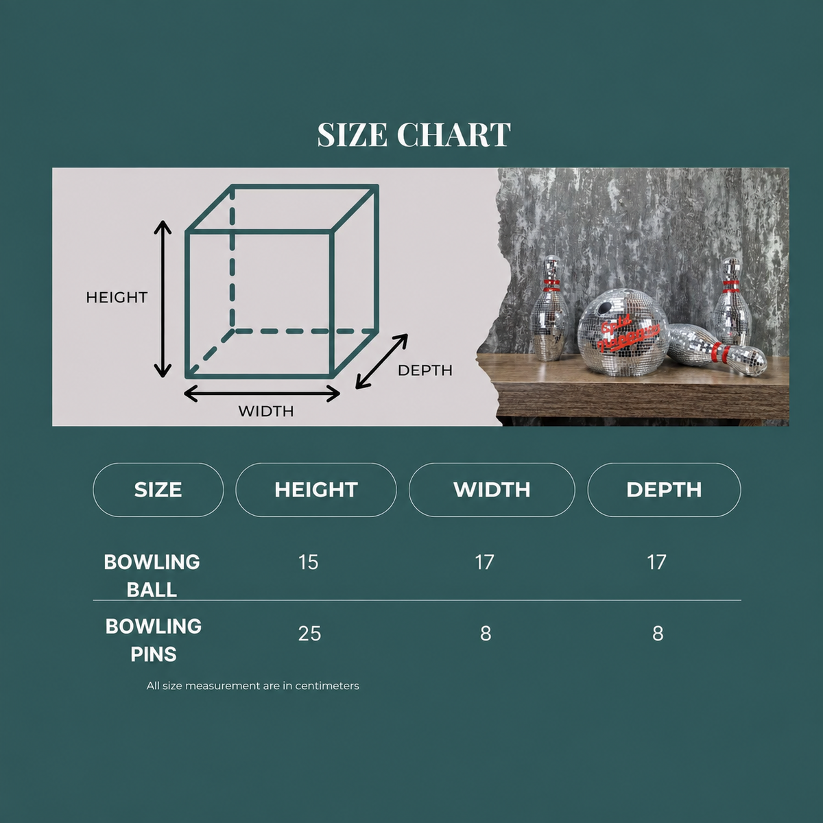 Disco bowling set dimensions and size chart