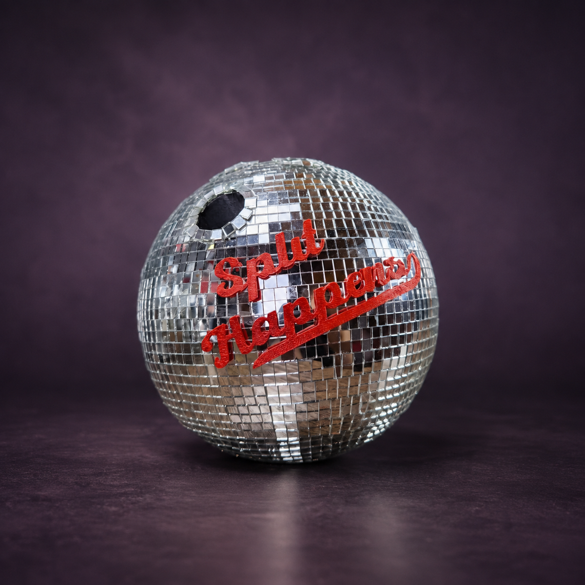 Split Happens disco mirror bowling ball closeup