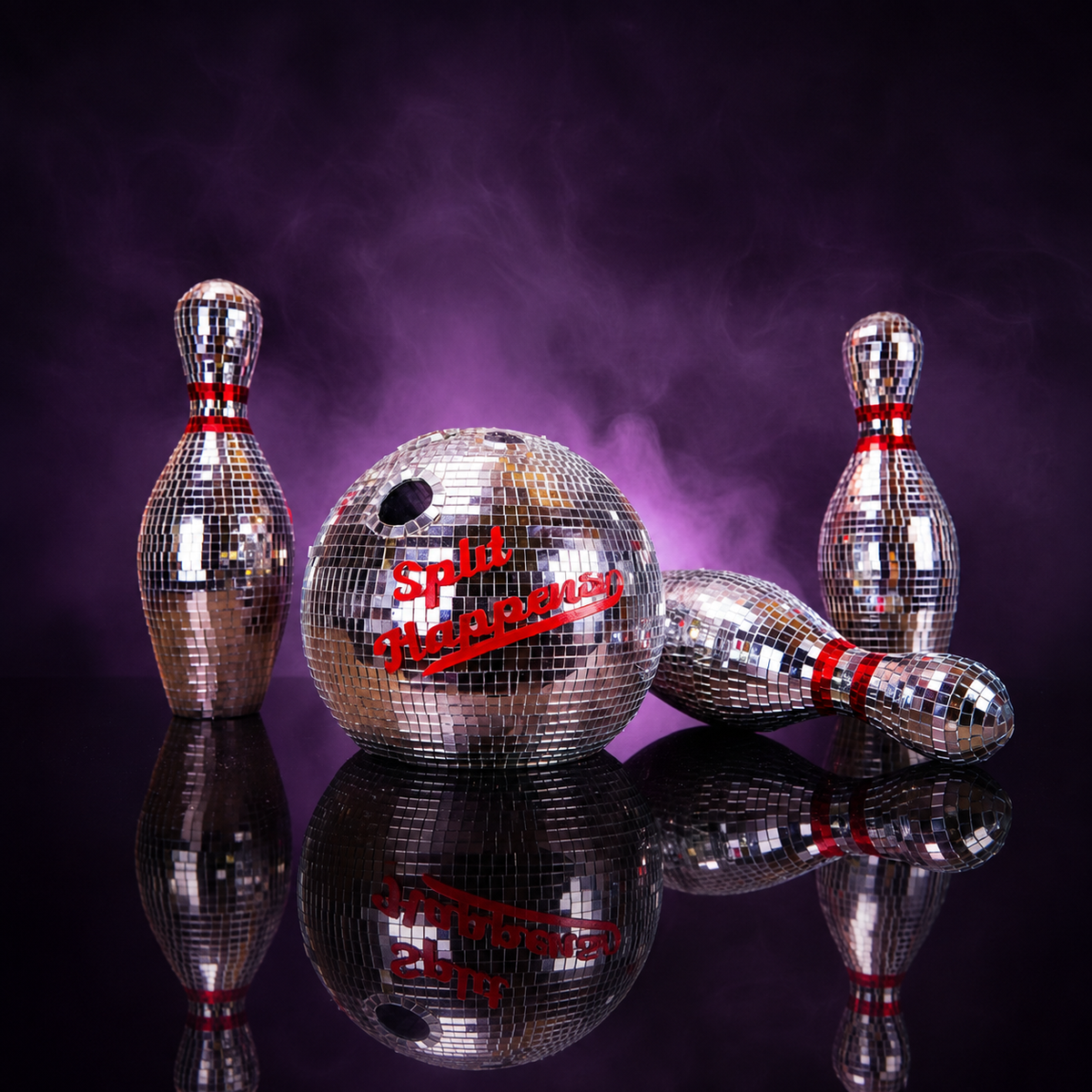 Disco mirror bowling set with atmospheric fog