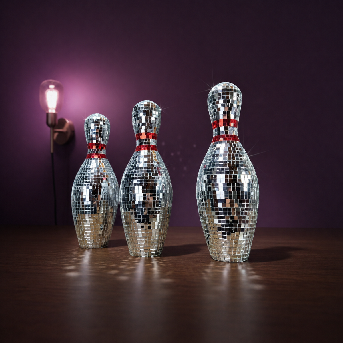 Mirror bowling set on shelf warm glow