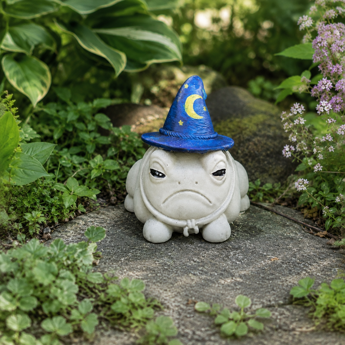 Front view of Professor Grumbletoad wizard frog statue with blue hat and frowning face