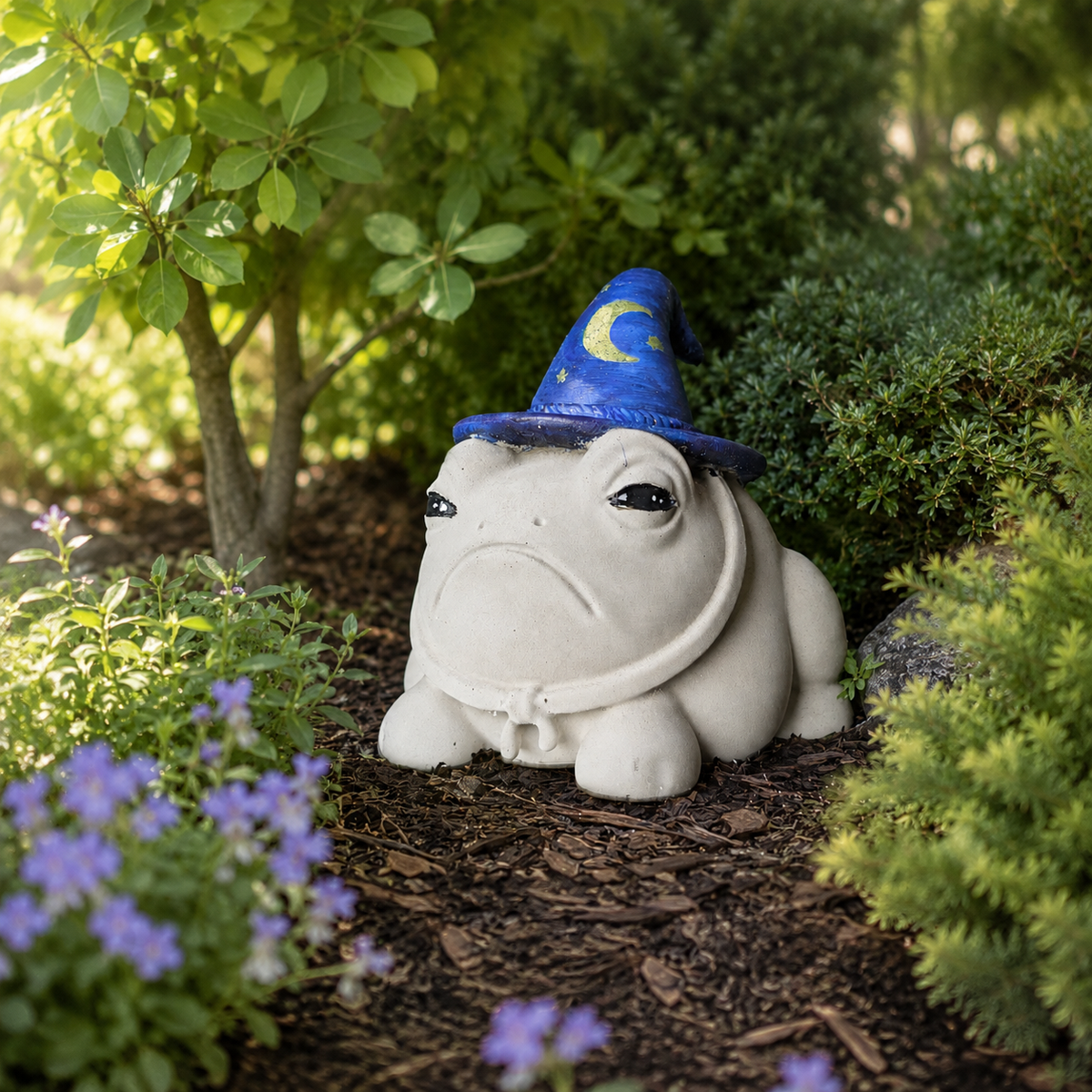 Professor Grumbletoad garden ornament with blue wizard hat in a planted border