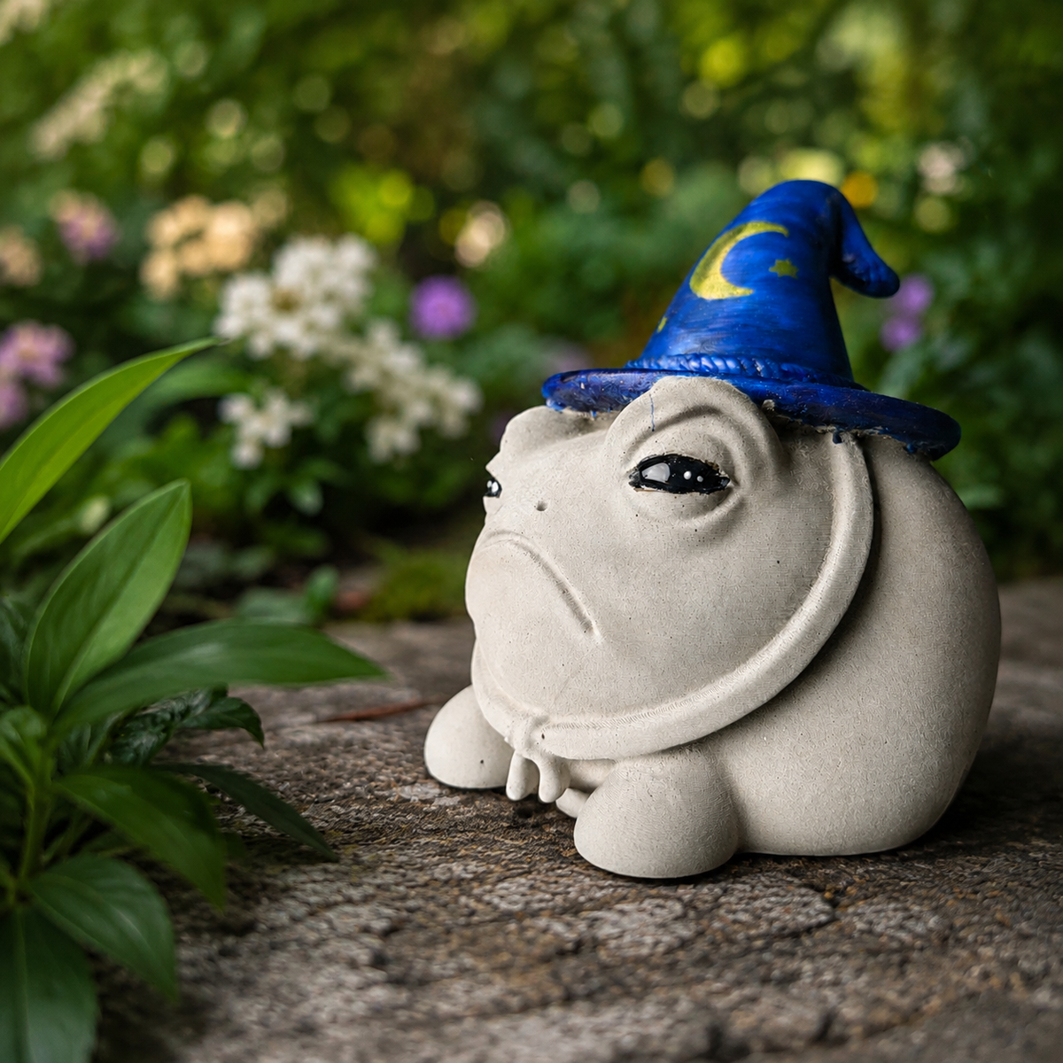 Close-up of Professor Grumbletoad wizard frog face and blue moon hat