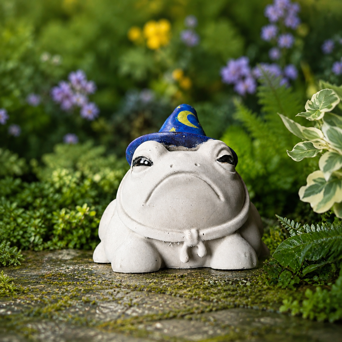 Close front detail of Professor Grumbletoad cast stone frog garden sculpture