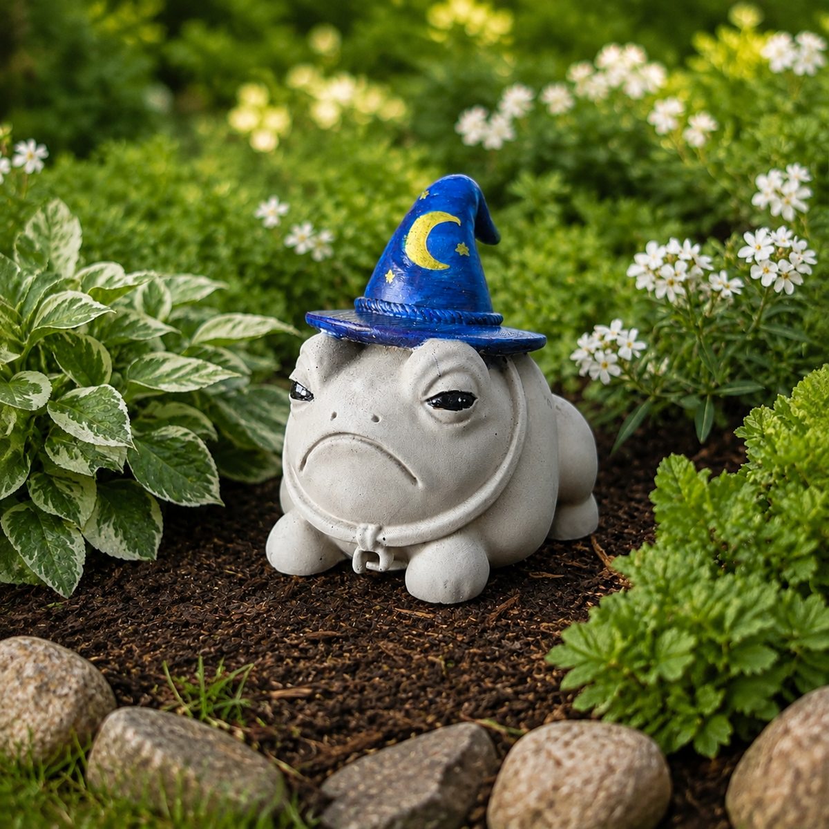Professor Grumbletoad grumpy frog ornament sitting among garden plants