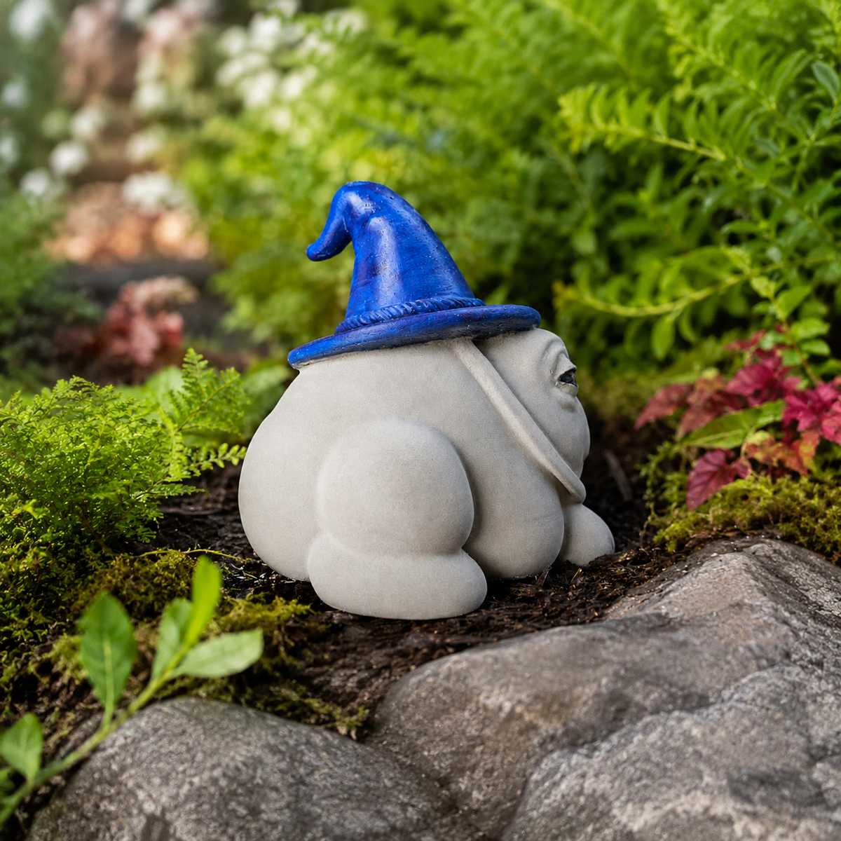 Back view of Professor Grumbletoad cast stone garden frog with blue hat