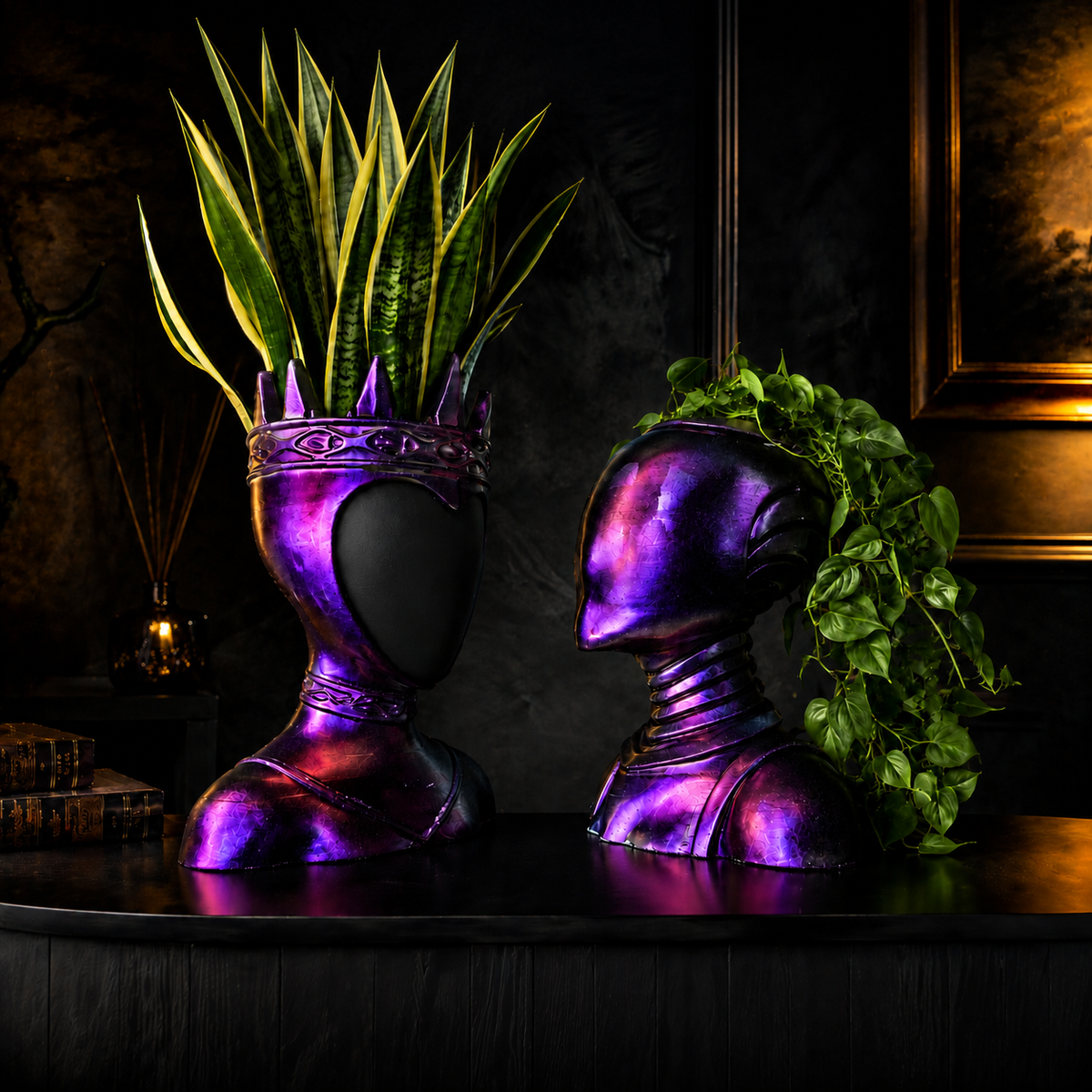 Queen and Oracle purple gothic planters styled with indoor plants