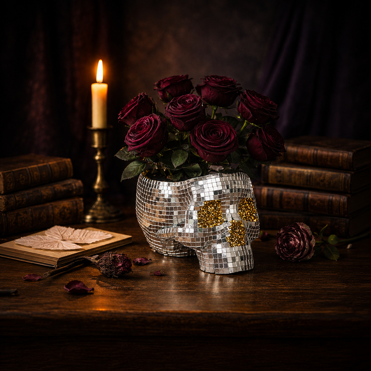 Disco skull planter filled with red roses beside a candle and stacked books