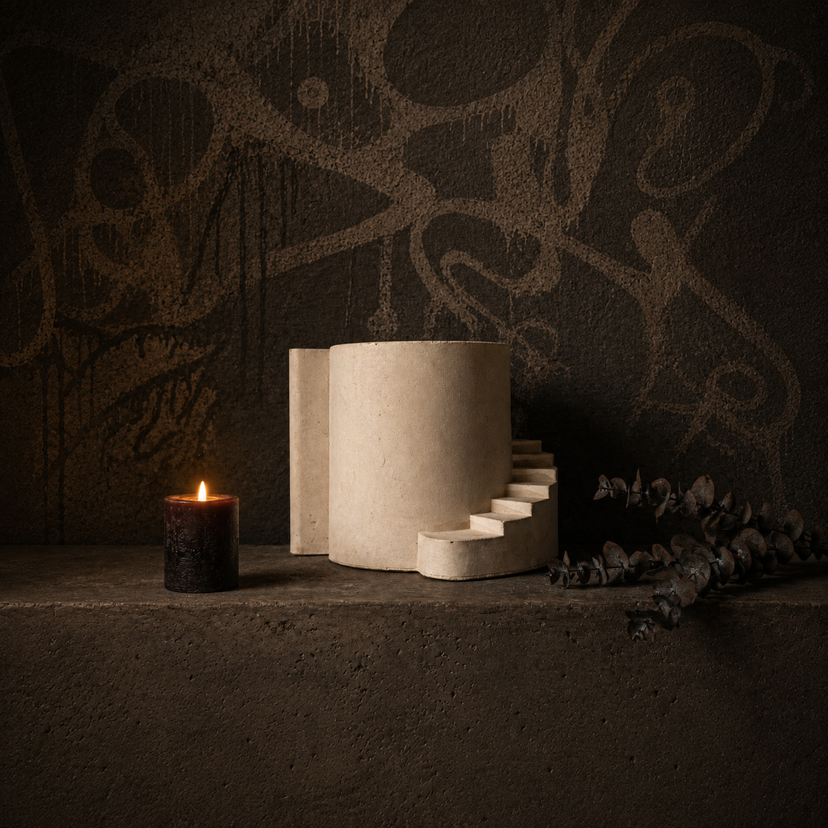 Stairwell cast stone planter lifestyle shelf scene