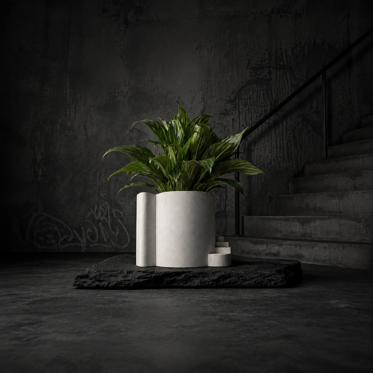 Stairwell cast stone planter with leafy planted arrangement