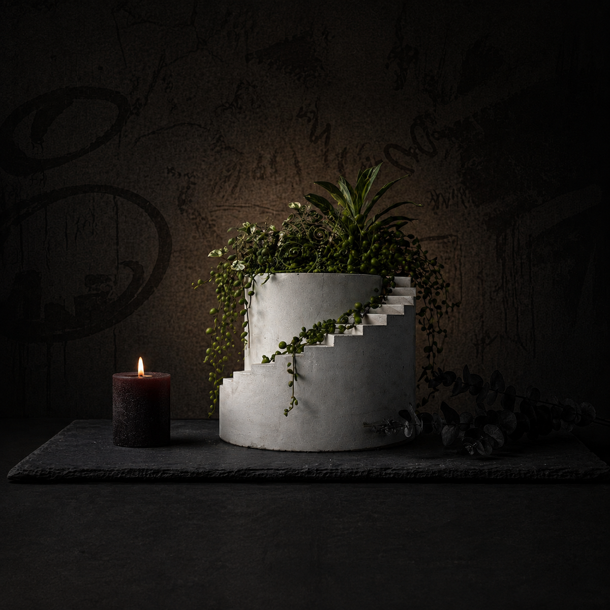 Stairwell cast stone planter with trailing planted arrangement