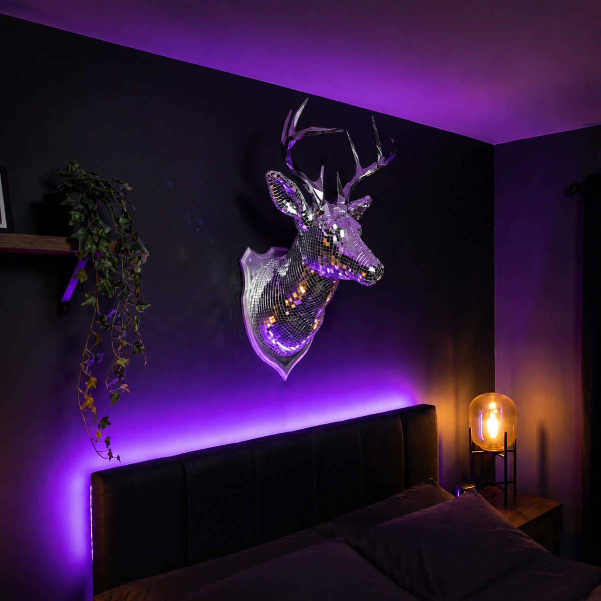Stag Night mirror stag head with purple ambient light