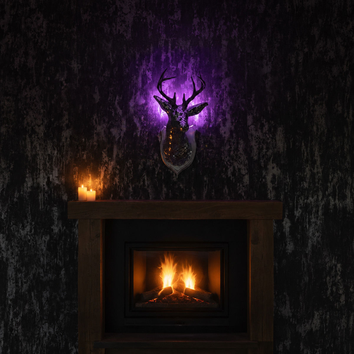 Stag Night mounted above fireplace with candles