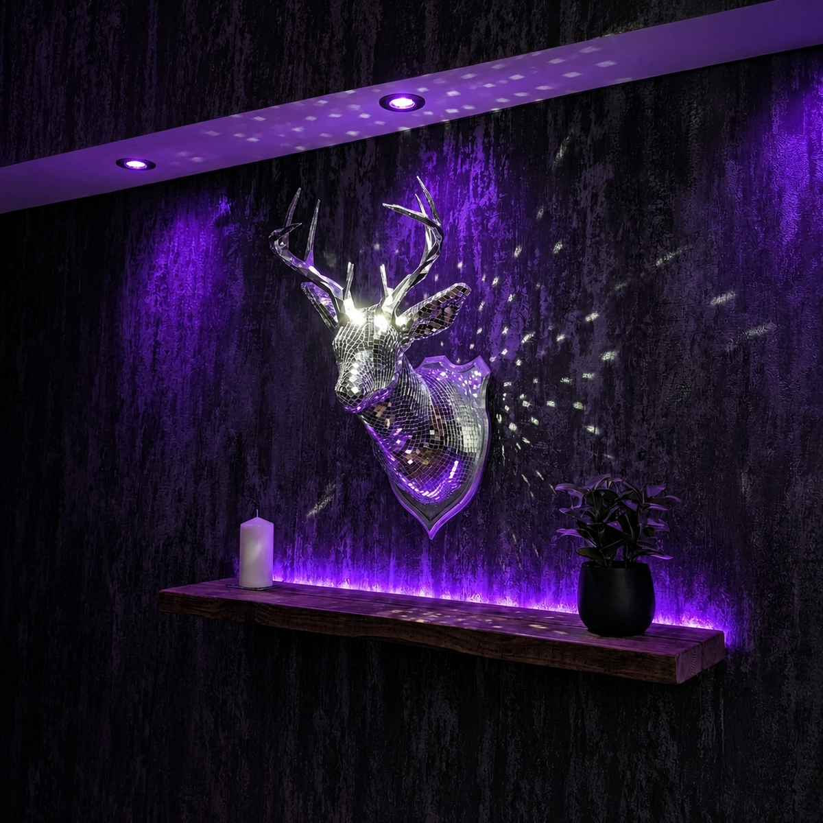 Stag Night mirror stag head on purple textured wall with shelf