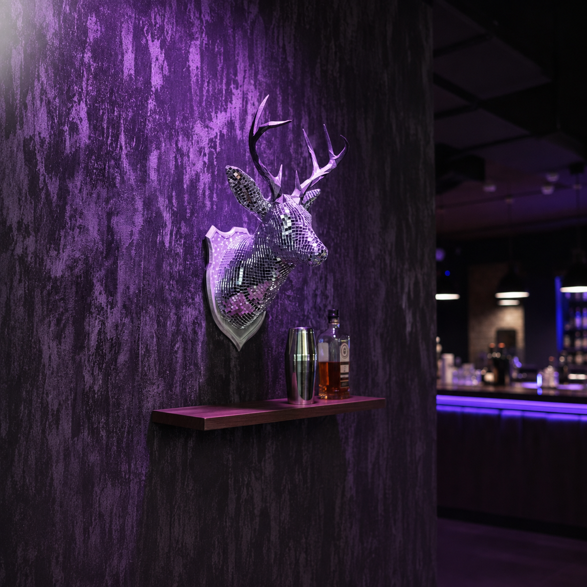 Stag Night mirror stag head mounted in bar setting