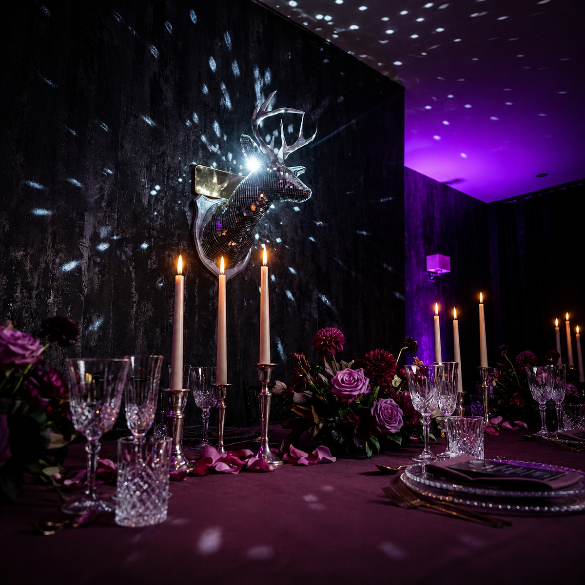 Stag Night as wedding centrepiece with candles and flowers