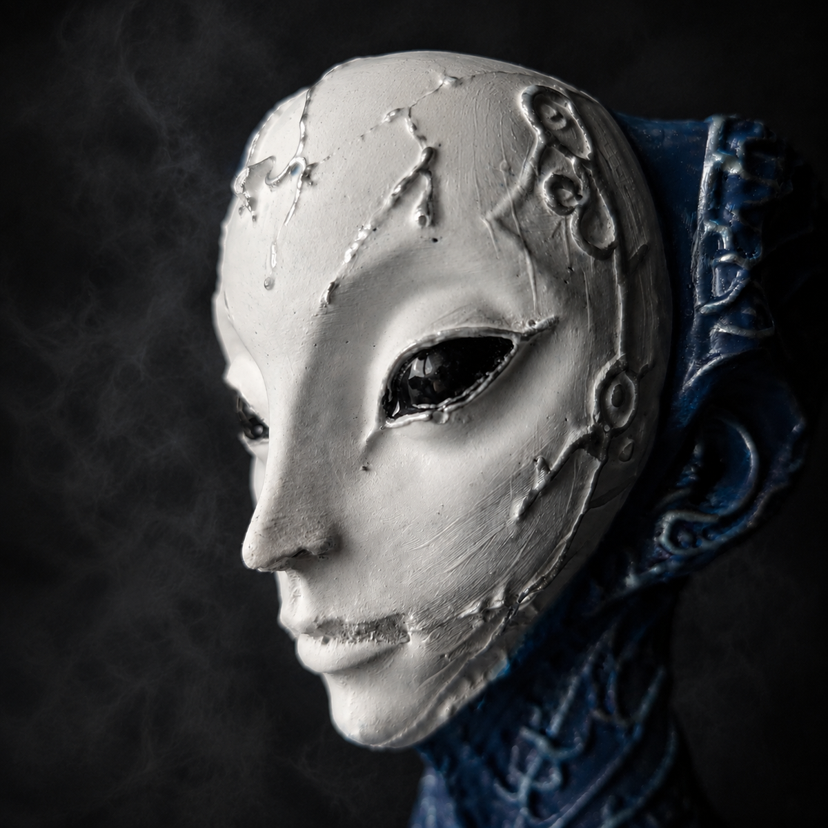 Close detail of The Blue Trickster alien planter face and blue headdress