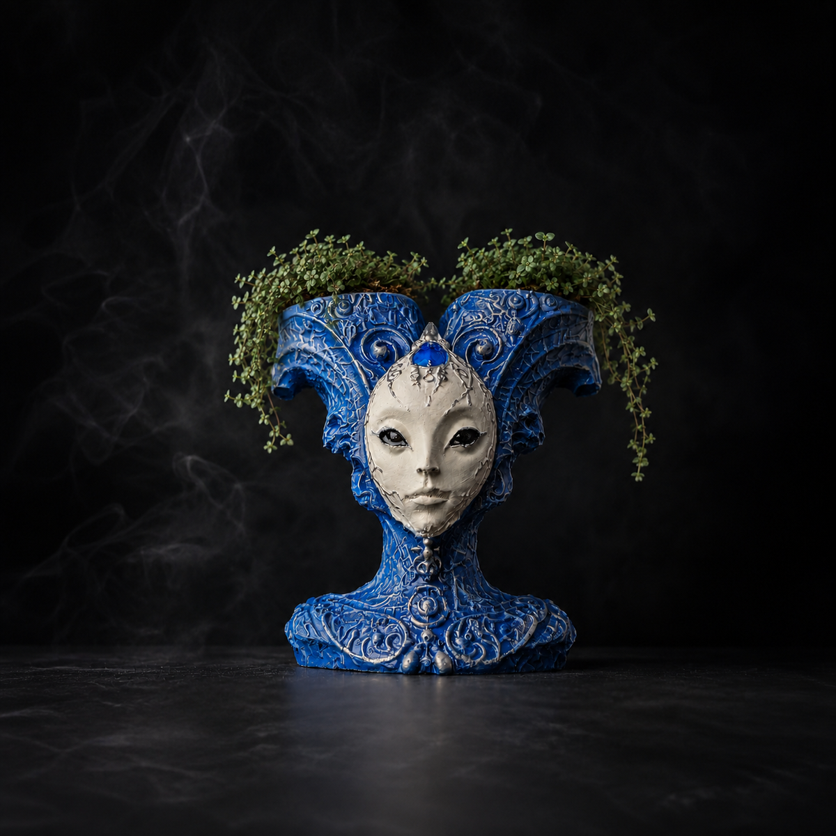 The Blue Trickster alien planter styled with trailing green plants